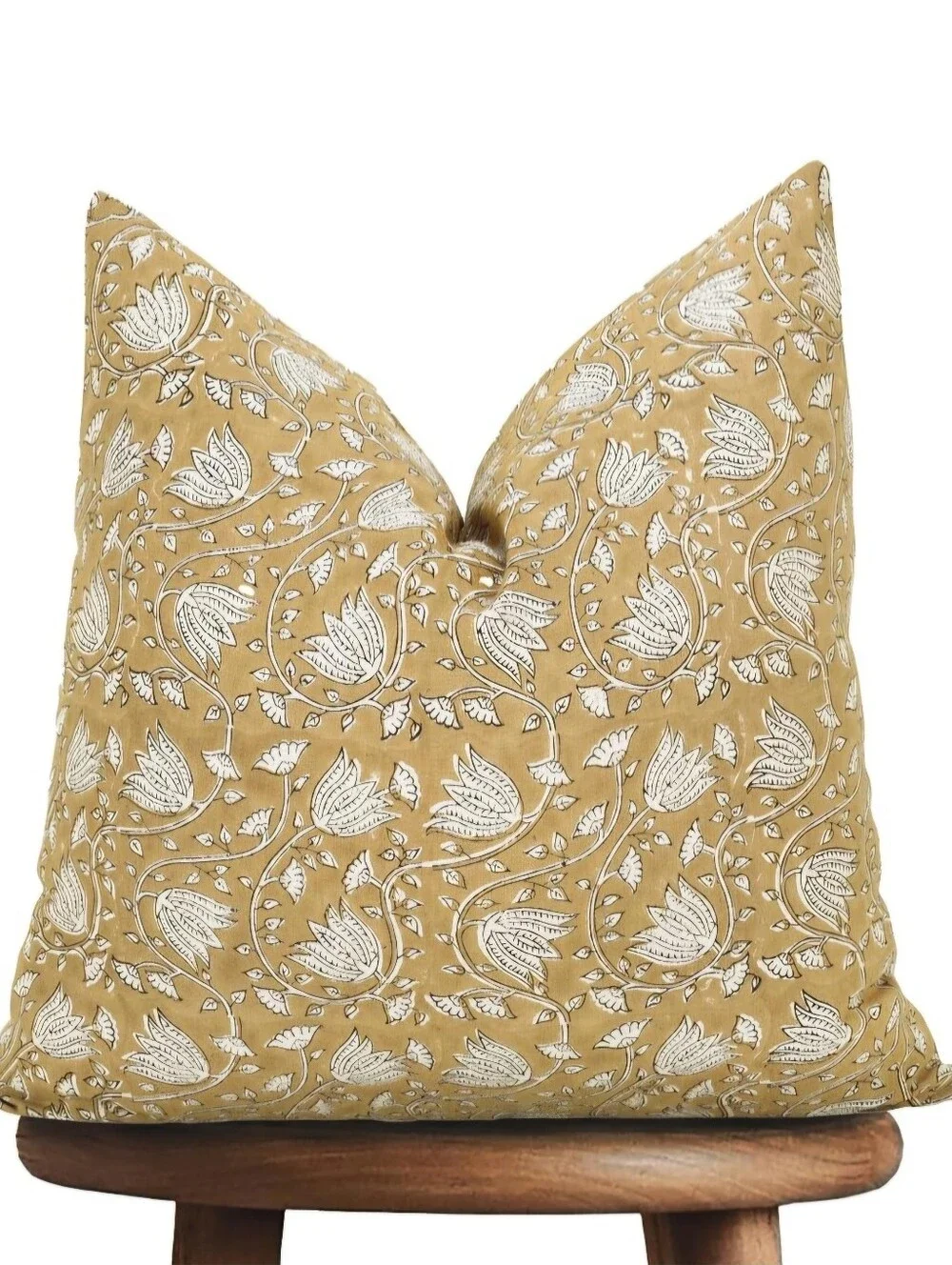 Artisan Hand Block Printed Mustard Floral Throw Pillow Cover 20x20